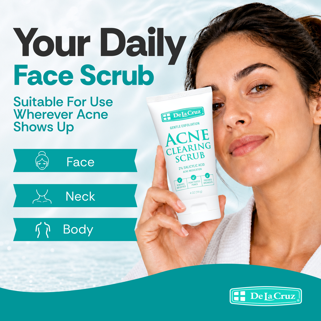 A woman in a white robe holds a tube of De La Cruz Acne Clearing Scrub against a light blue water-textured background with promotional text reading 'Your Daily Face Scrub' and usage icons for face, neck, and body.